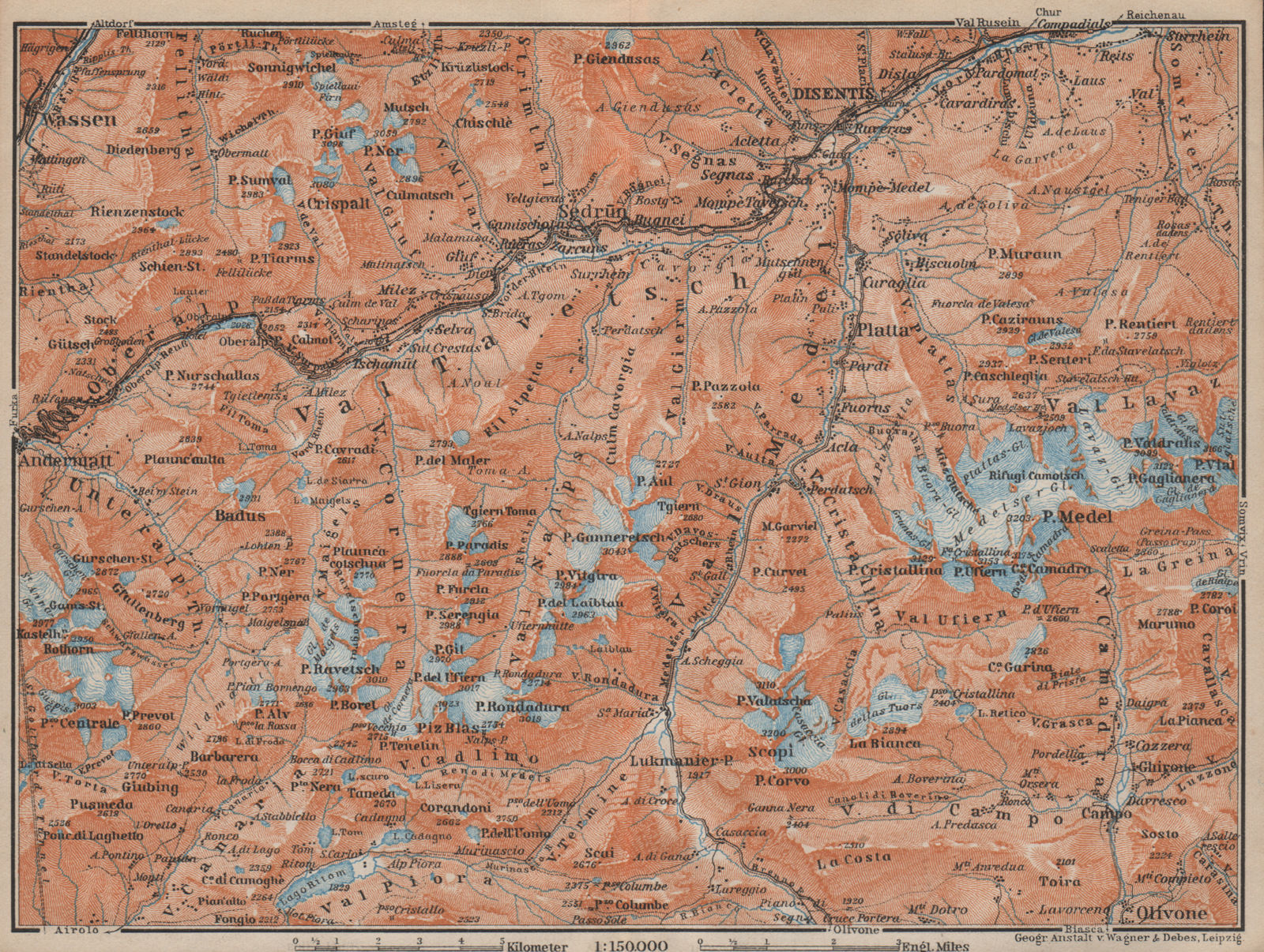 VAL TAVETSCH/MEDEL. Andermatt Disentis Sedrun Wassen Piz Medel. Topo-map 1913